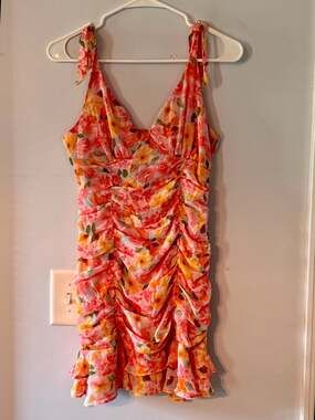 Lily Rose Floral Ruched Mini Dress XS Pink Orange Romantic Cottagecore Dress